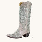 Women's knee high boots with sequin embroidery and pointed toe - Silver And Green