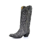 Women's knee high boots with sequin embroidery and pointed toe - Dark Grey