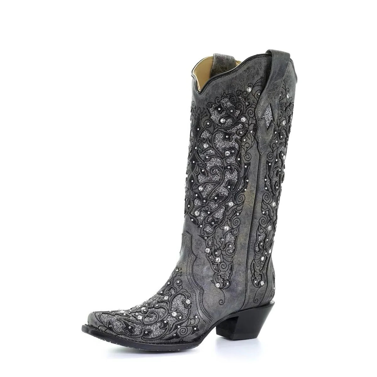Women's knee high boots with sequin embroidery and pointed toe - Dark Grey