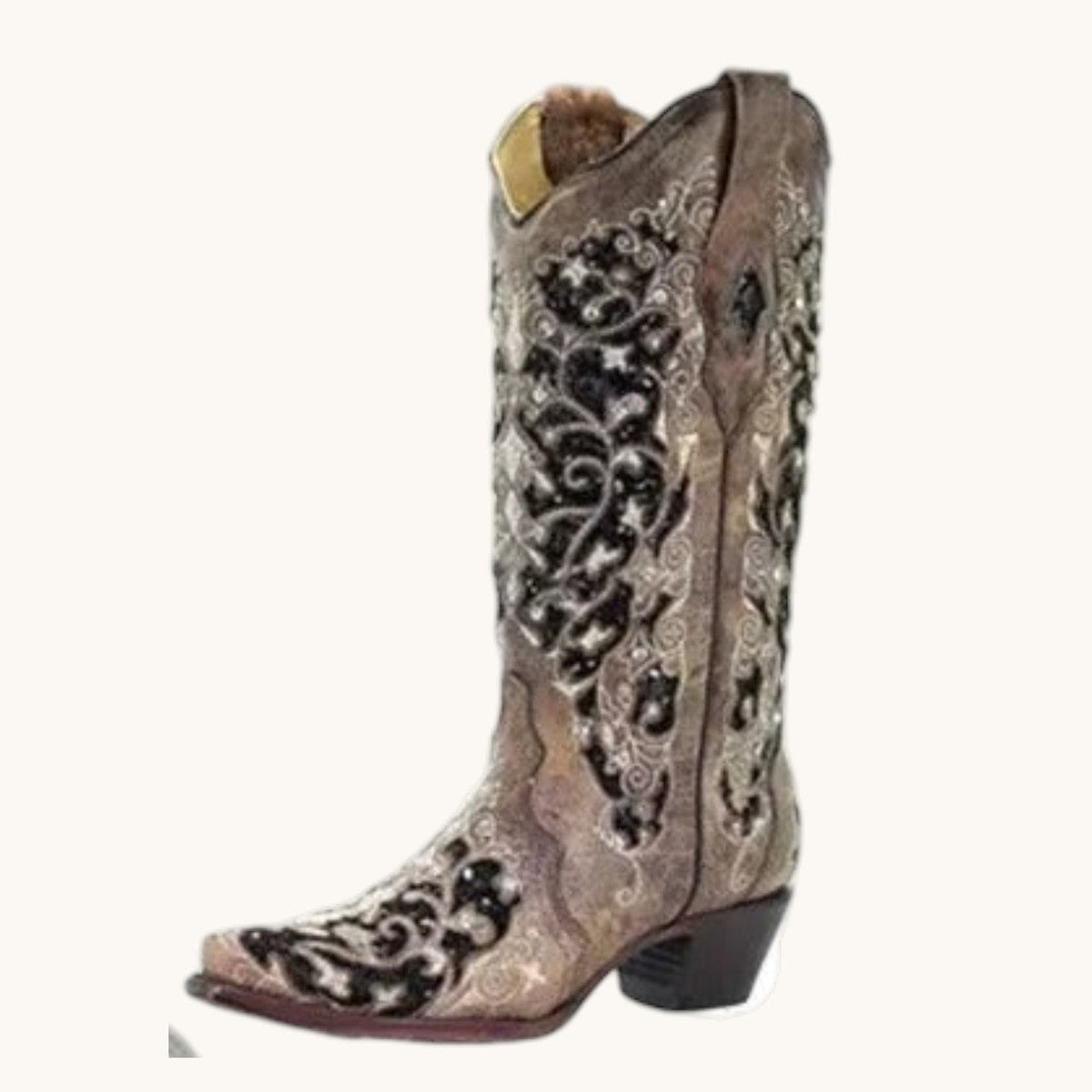 Women's knee high boots with sequin embroidery and pointed toe - Brown And Black