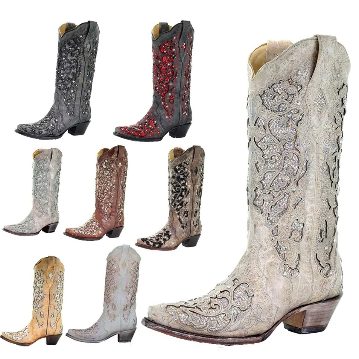 Women's knee high boots with sequin embroidery and pointed toe