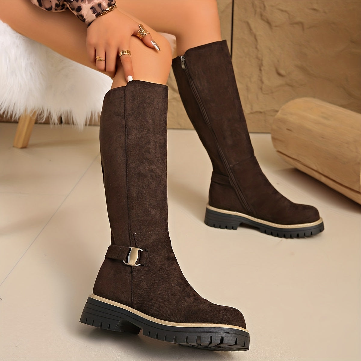 Women's Knee High Suede Boots with Cleated Sole