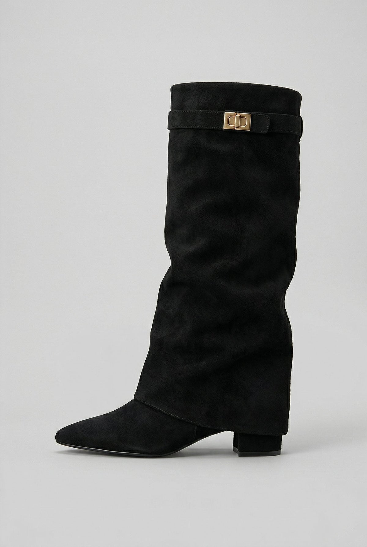 Women's knee-high suede boots with block heel - Black