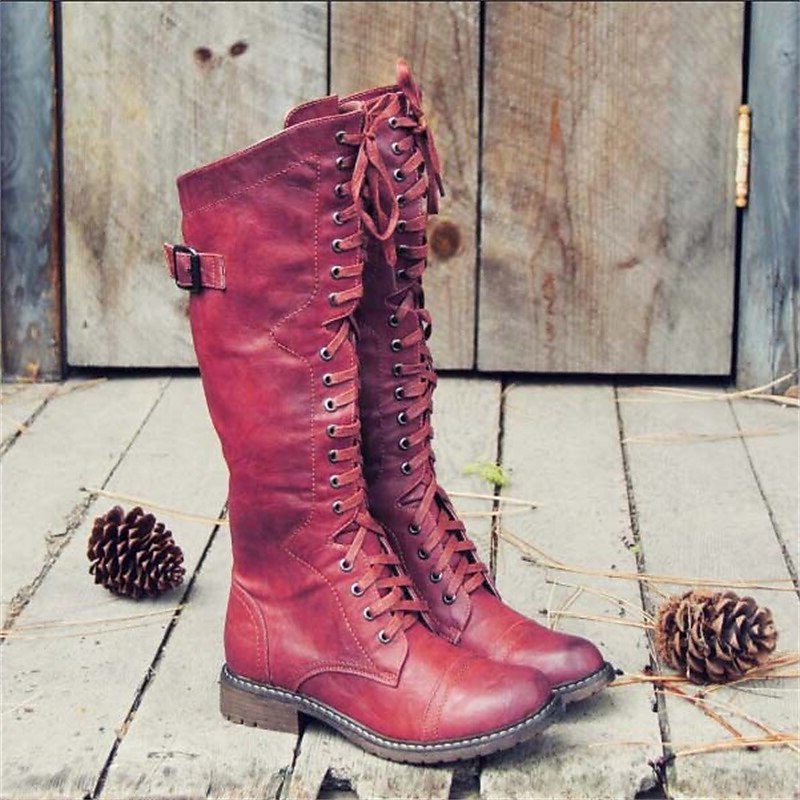 Women's Knee High Leather Boots with Lace-Up and Buckle - Red