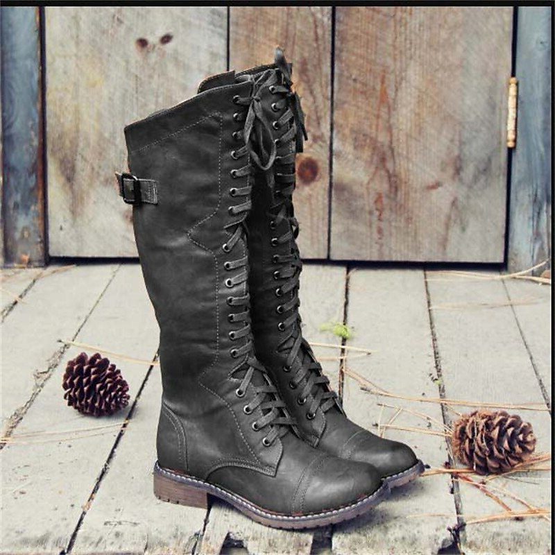 Women's Knee High Leather Boots with Lace-Up and Buckle - Black