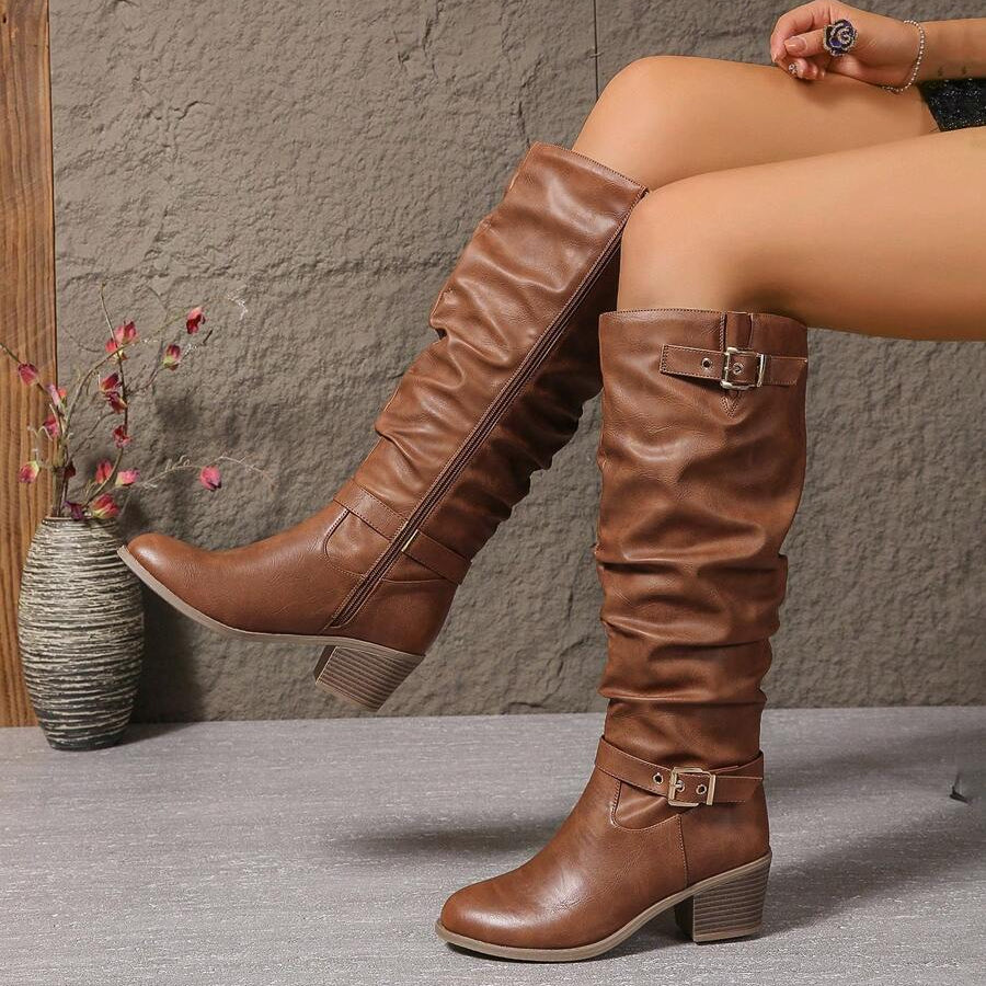 Women's knee high leather boots with block heel and double buckle - Brown