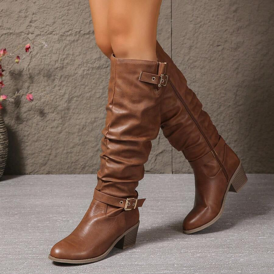 Women's knee high leather boots with block heel and double buckle
