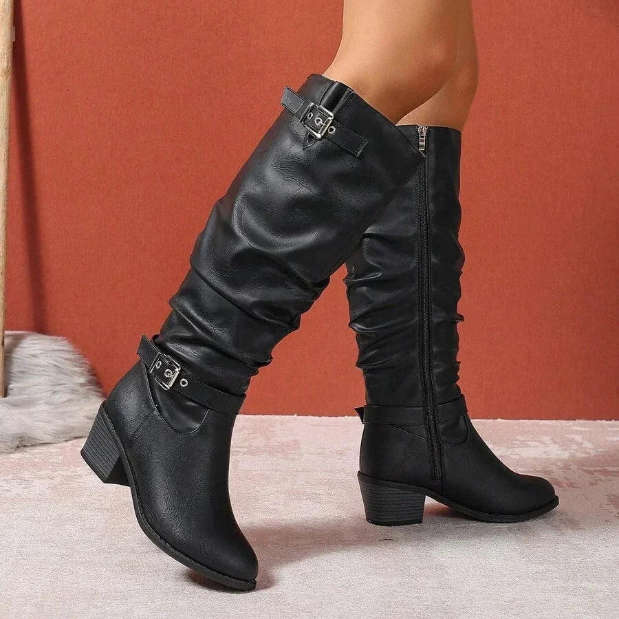 Women's knee high leather boots with block heel and double buckle