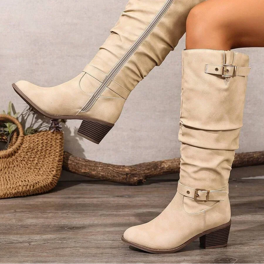Women's knee high leather boots with block heel and double buckle - Beige