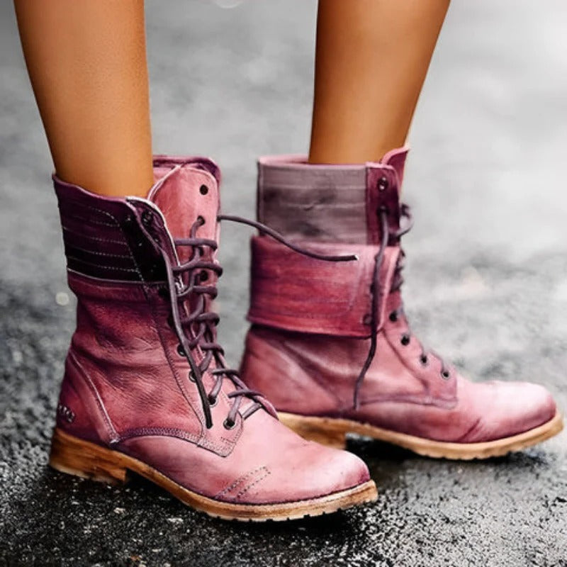 Women's Lace-Up Combat Ankle Boots - Red