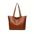 Women's Large Leather Tote Bag with Side Pockets - Brown