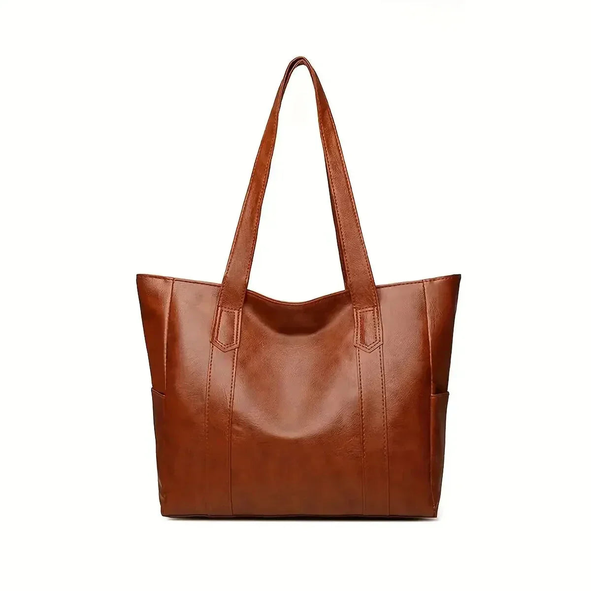 Women's Large Leather Tote Bag with Side Pockets - Brown