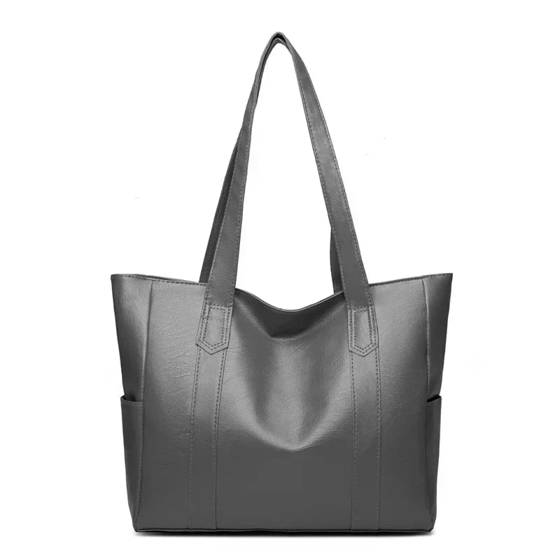 Women's Large Leather Tote Bag with Side Pockets - Grey