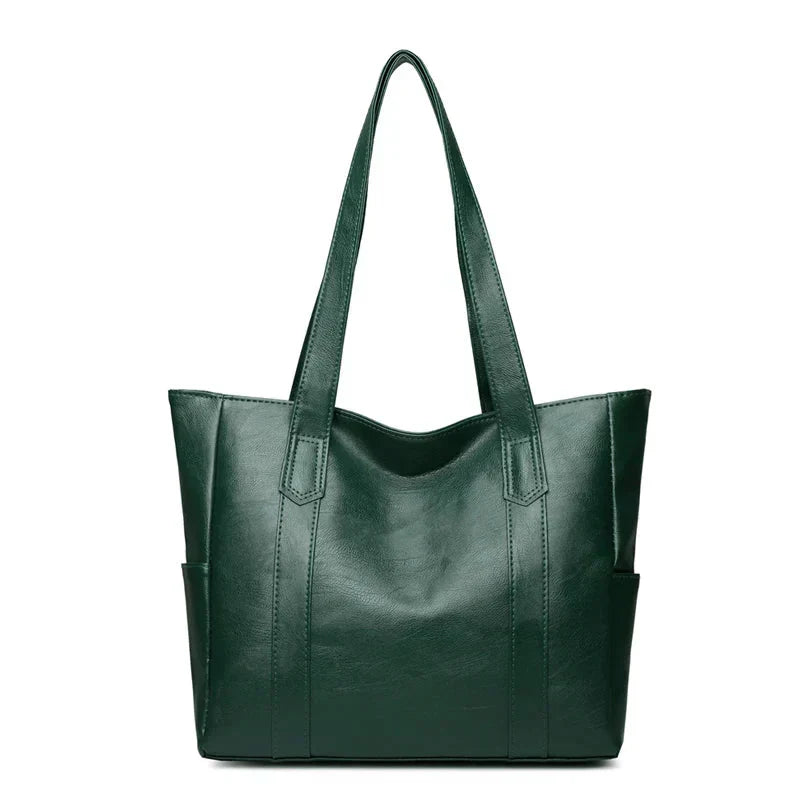 Women's Large Leather Tote Bag with Side Pockets - Green