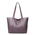 Women's Large Leather Tote Bag with Side Pockets - Purple