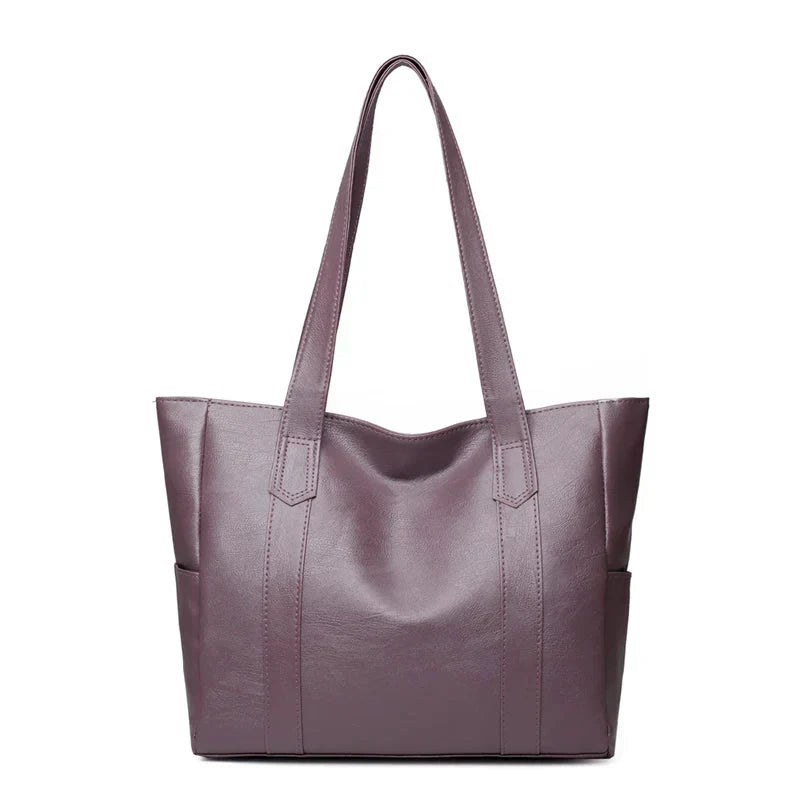 Women's Large Leather Tote Bag with Side Pockets - Purple