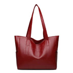 Women's Large Leather Tote Bag with Side Pockets - Red