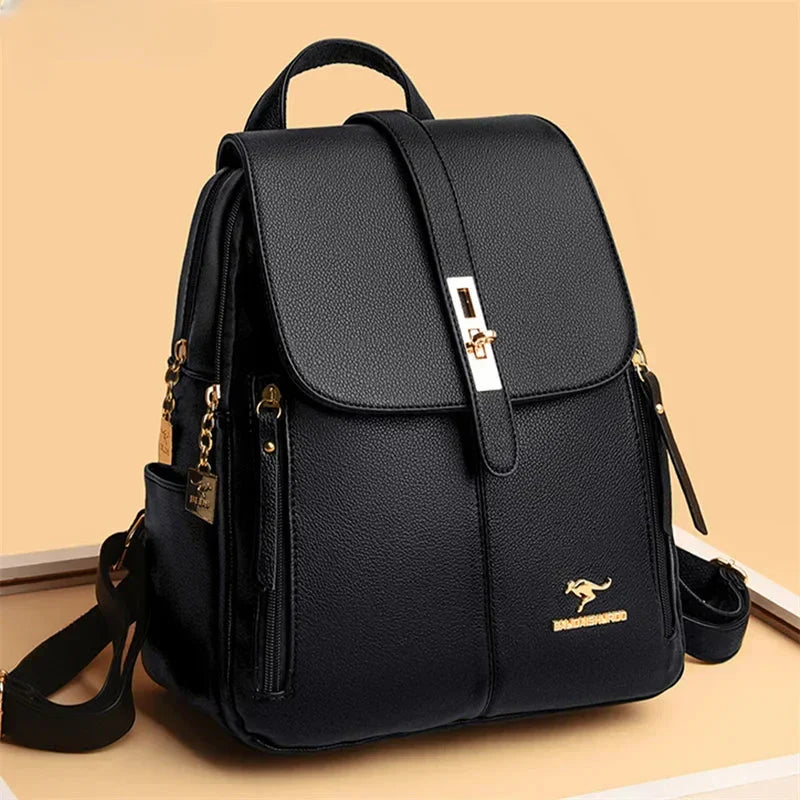 Women's Leather Backpack with Turn-Lock Clasp - Black