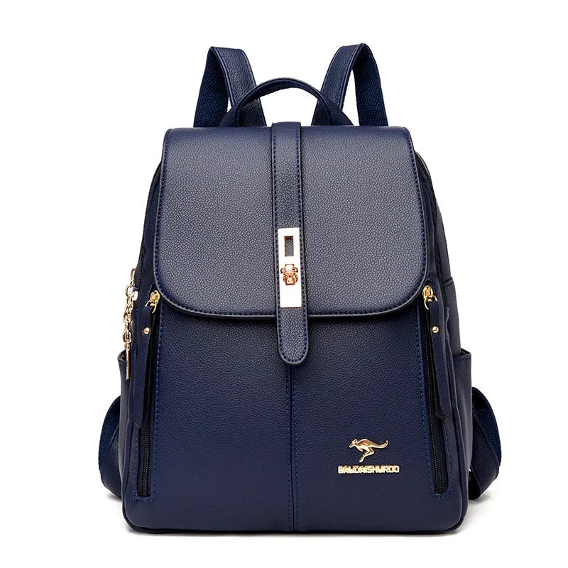 Women's Leather Backpack with Turn-Lock Clasp - Blue