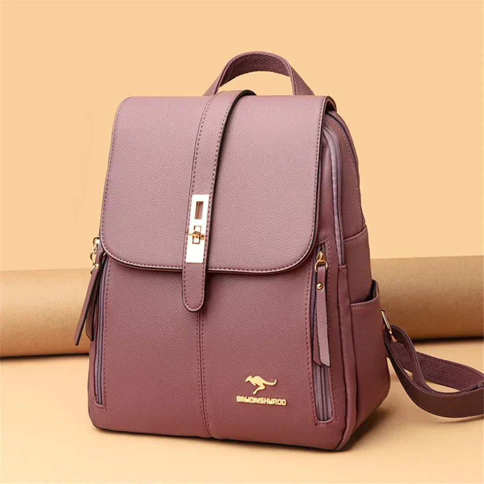 Women's Leather Backpack with Turn-Lock Clasp - Purple