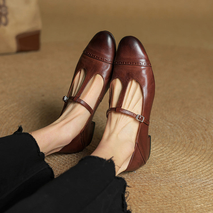 Women's Leather Ballet Flats with T-Bar Strap