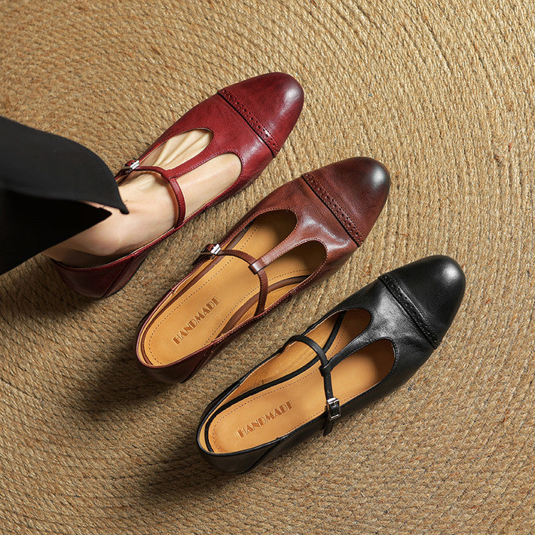 Women's Leather Ballet Flats with T-Bar Strap