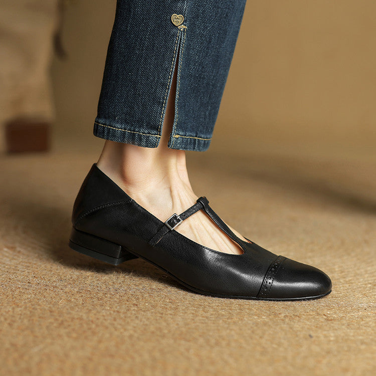 Women's Leather Ballet Flats with T-Bar Strap - Black