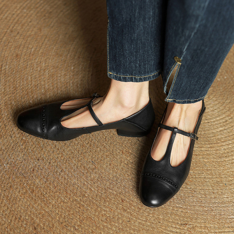 Women's Leather Ballet Flats with T-Bar Strap