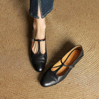 Women's Leather Ballet Flats with T-Bar Strap