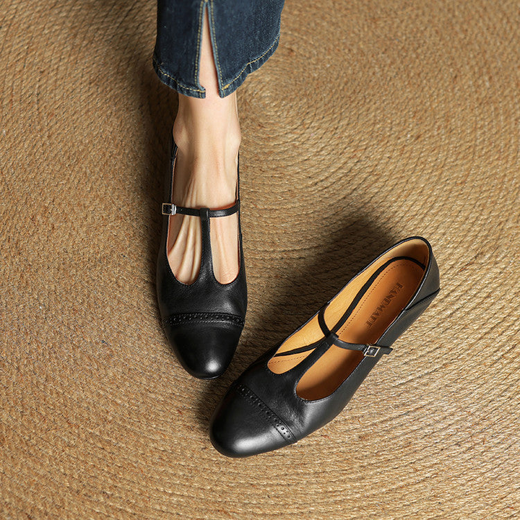 Women's Leather Ballet Flats with T-Bar Strap
