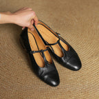 Women's Leather Ballet Flats with T-Bar Strap
