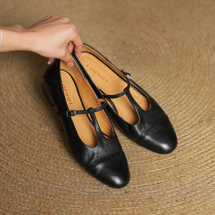 Women's Leather Ballet Flats with T-Bar Strap