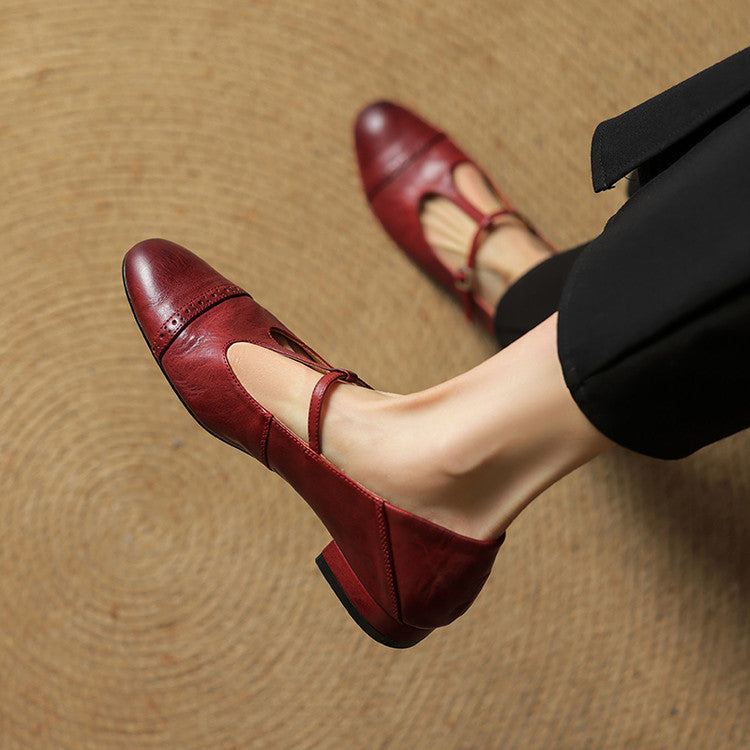 Women's Leather Ballet Flats with T-Bar Strap