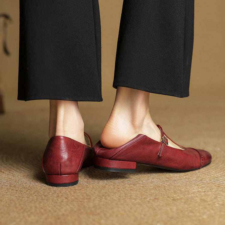 Women's Leather Ballet Flats with T-Bar Strap