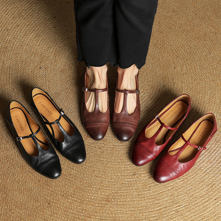 Women's Leather Ballet Flats with T-Bar Strap