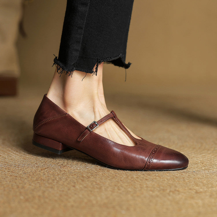 Women's Leather Ballet Flats with T-Bar Strap - Brown