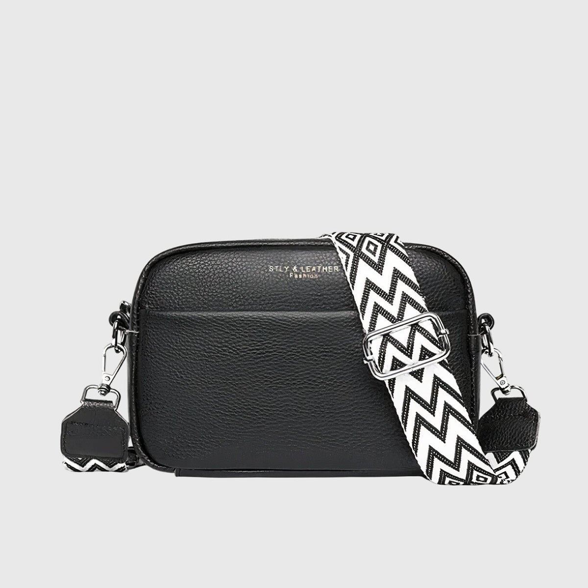 Women's leather crossbody bag with wide woven strap - Black