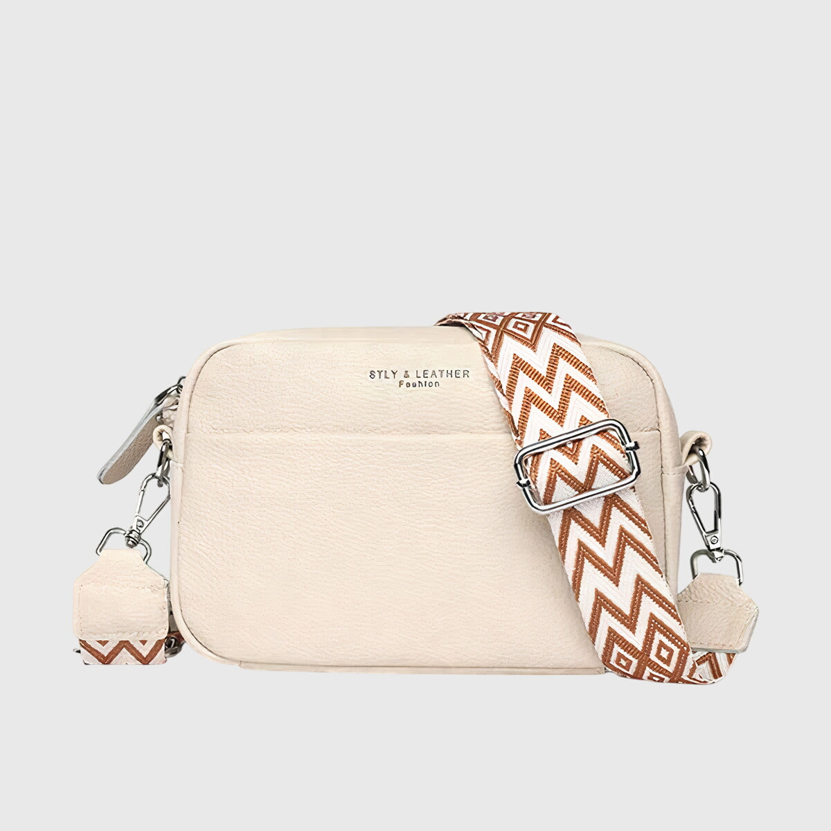 Women's leather crossbody bag with wide woven strap - Beige
