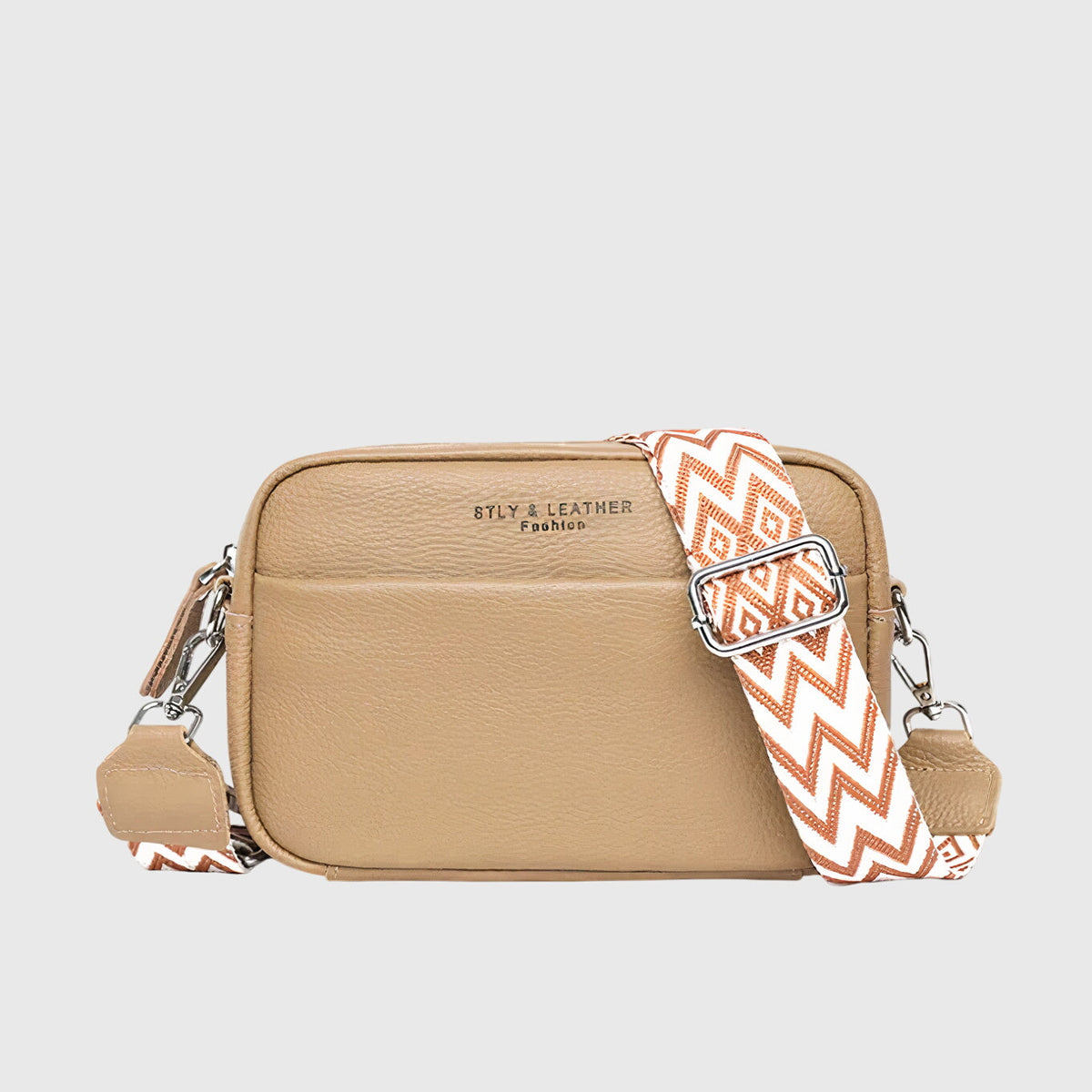 Women's leather crossbody bag with wide woven strap - Khaki