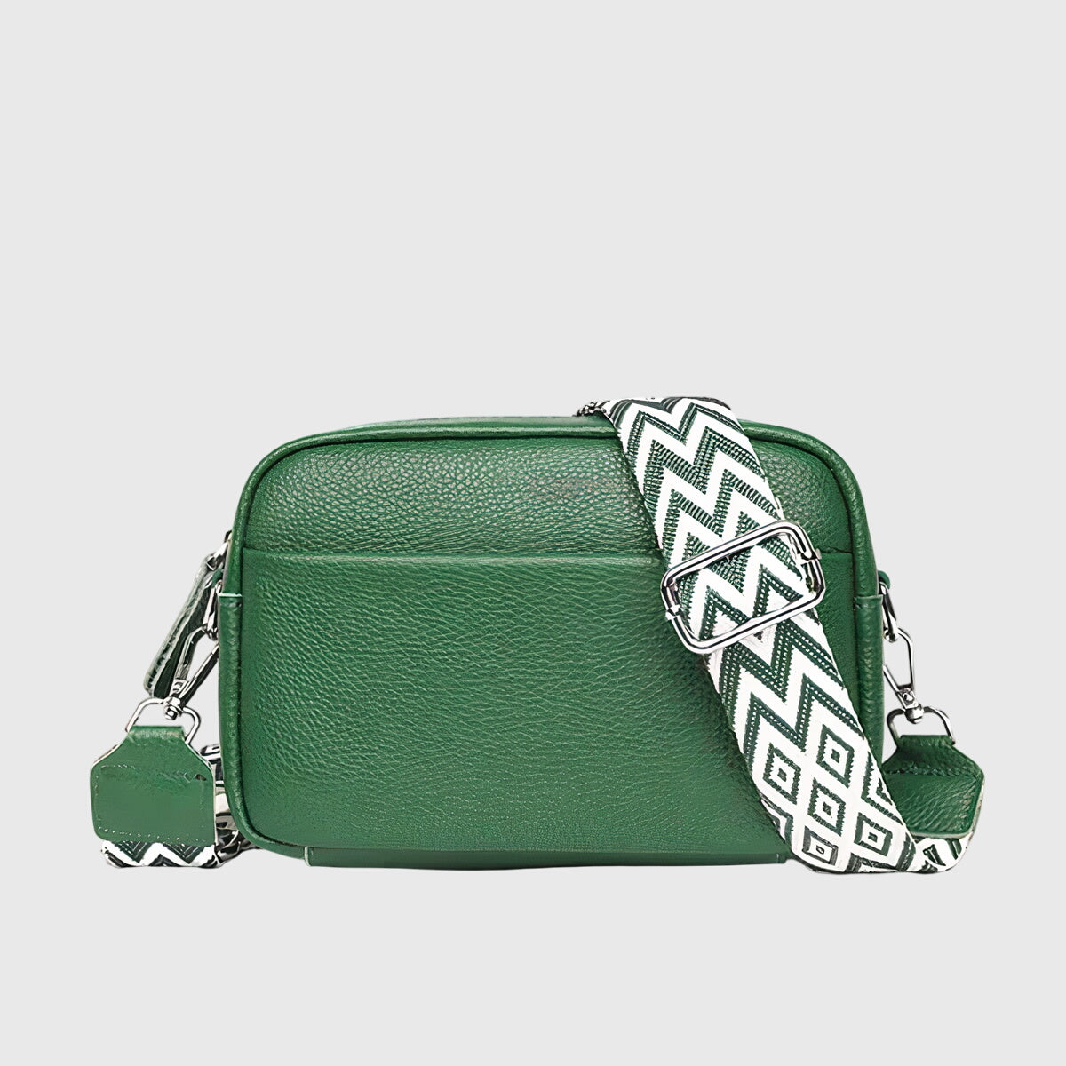 Women's leather crossbody bag with wide woven strap - Green