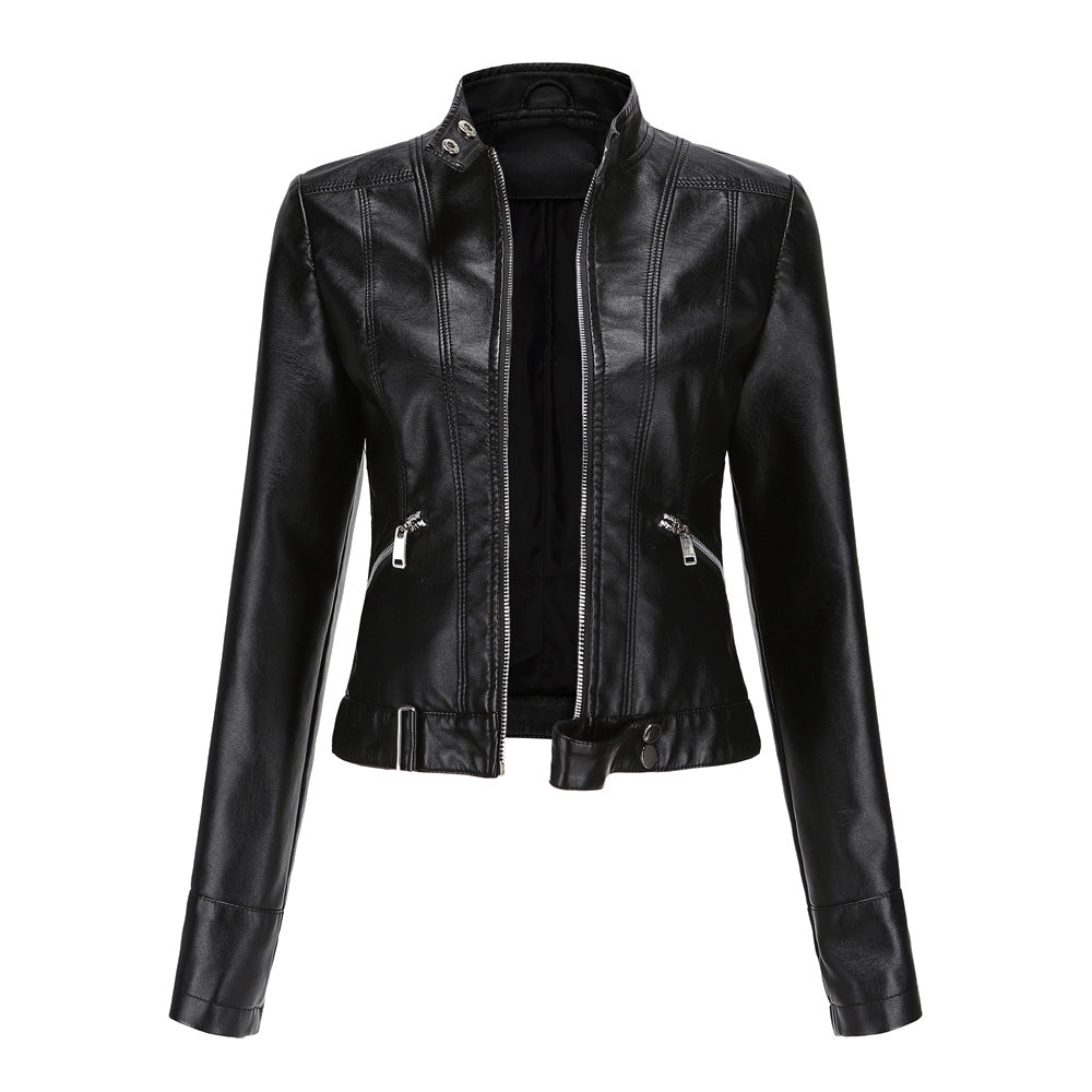 Women's leather jacket slim fit mid-season - Black