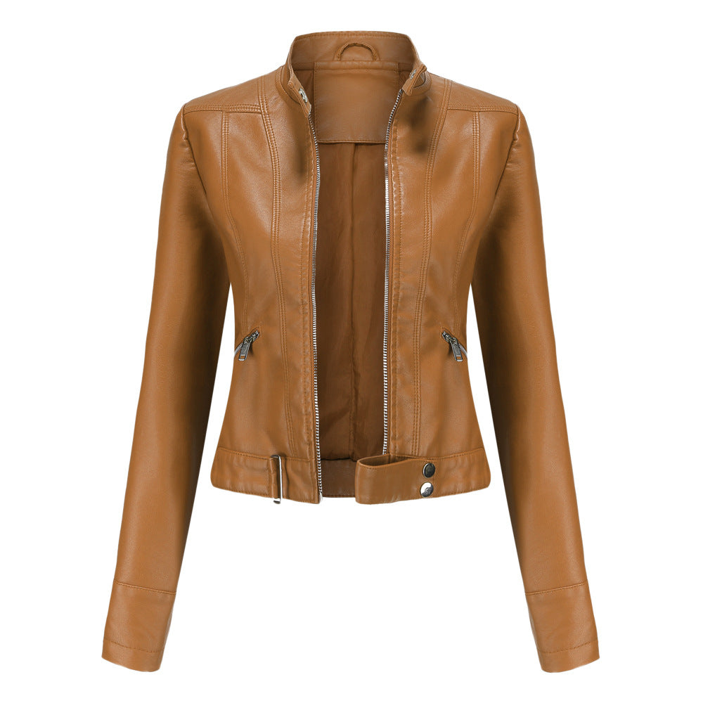 Women's leather jacket slim fit mid-season - Marron Clair