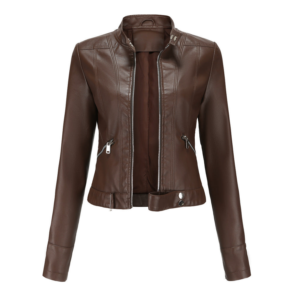 Women's leather jacket slim fit mid-season - Brown