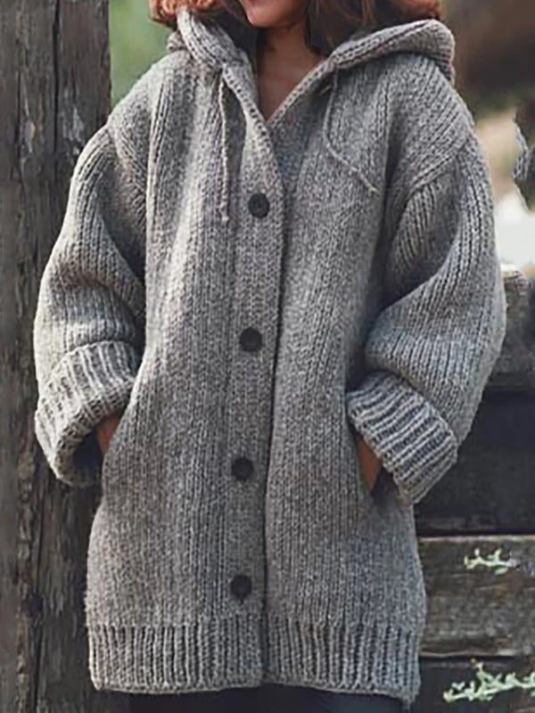 Women's long hooded cardigan in oversized ribbed knit with button-front - Grey
