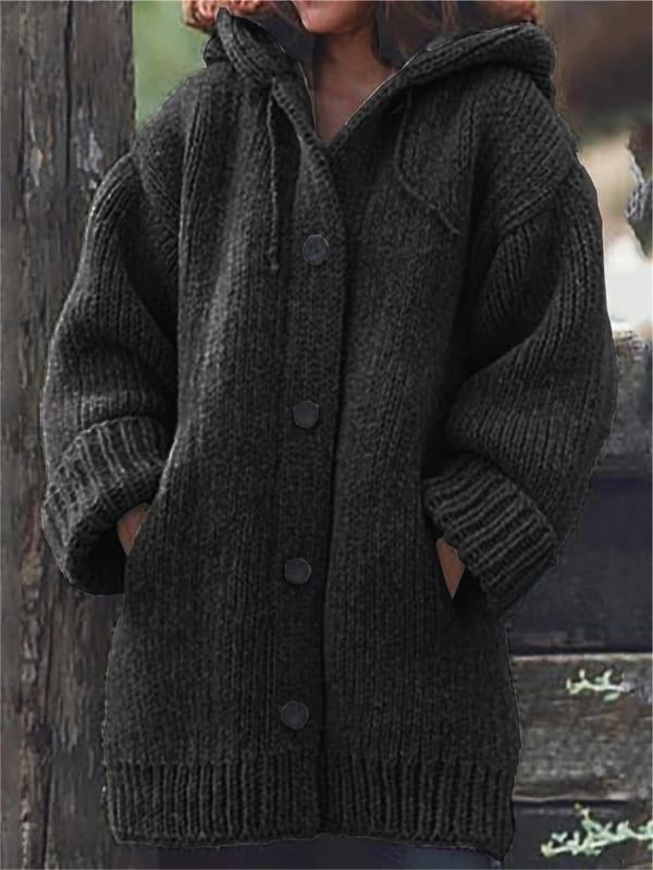 Women's long hooded cardigan in oversized ribbed knit with button-front - Black