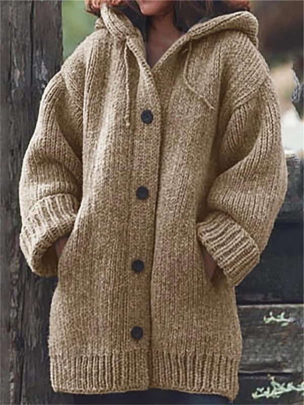 Women's long hooded cardigan in oversized ribbed knit with button-front - Khaki