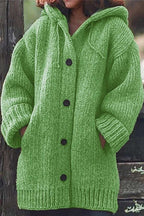 Women's long hooded cardigan in oversized ribbed knit with button-front - Green
