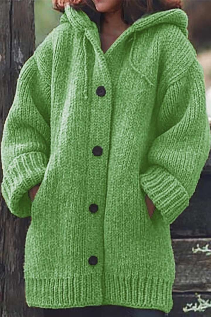Women's long hooded cardigan in oversized ribbed knit with button-front - Green
