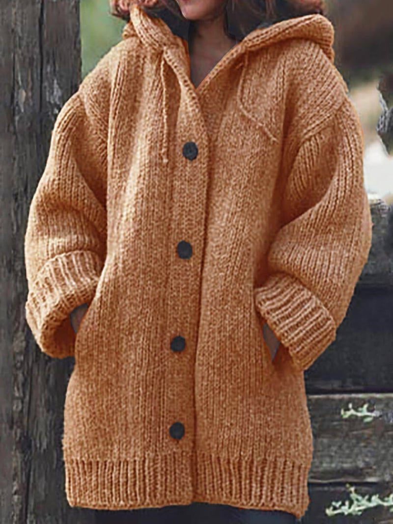 Women's long hooded cardigan in oversized ribbed knit with button-front - Orange