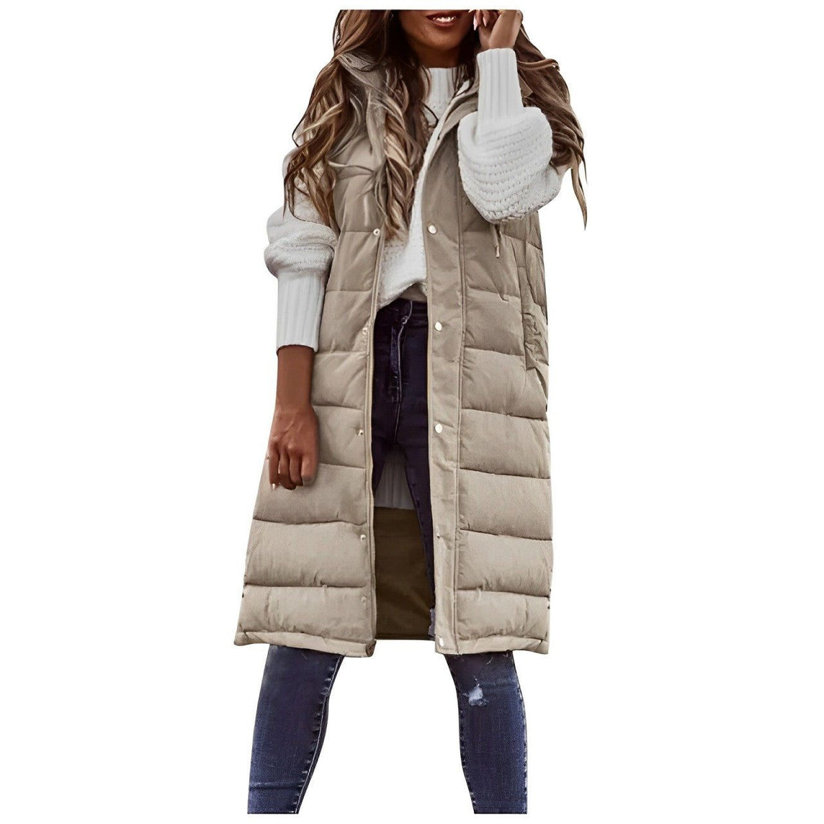 Women's long quilted puffer gilet, sleeveless with button-front closure - Apricot